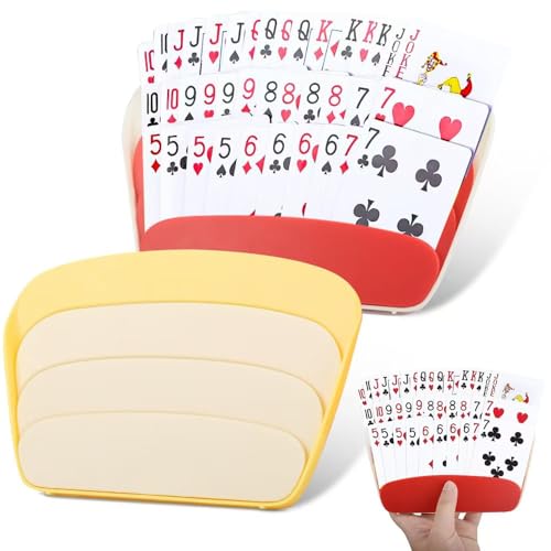 2pcs Card Holders for Playing Cards with Tabletop Stand - Little Hands Card Holder for Kids and Adults, UNO Pinochle Playing Cards (Red&Yellow-05)