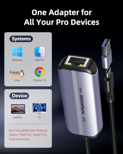 2.5Gb USB to Ethernet Adapter, USB-A/USB-C Ethernet Adapter for Laptop | 2500Mbps Speed | Plug and Play | USB 3.0 & USB-C to RJ45 | RTL8156B Chipset | NAS, MacBook, PC Compatible | Windows Mac Linux