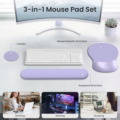 AKIT Ergonomic Mouse Pad and Keyboard Wrist Rest, 3-in-1 Memory Foam Wrist Rest for Computer Keyboard, Non-Slip Base, Pain Relief, Gel Mousepad Set for Gaming, Home and Office, Purple - color: Purple