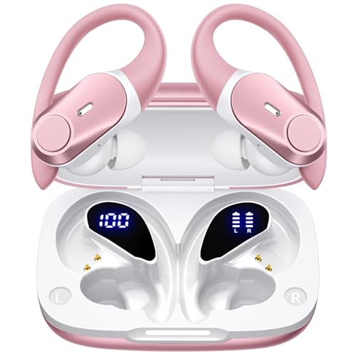 Active Noise Cancelling Ear Buds Wireless Earbuds 80H Playtime Bluetooth Headphones with LED Display Case, Hi-Res Audio Clear Calls Earphones with Over Ear Hooks for Running Gym Workout Rose Gold - color: Rose Gold