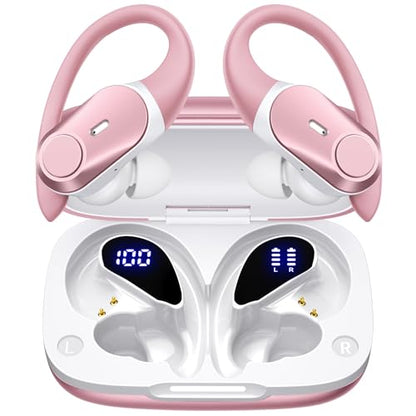 Active Noise Cancelling Ear Buds Wireless Earbuds 80H Playtime Bluetooth Headphones with LED Display Case, Hi-Res Audio Clear Calls Earphones with Over Ear Hooks for Running Gym Workout Rose Gold - color: Rose Gold