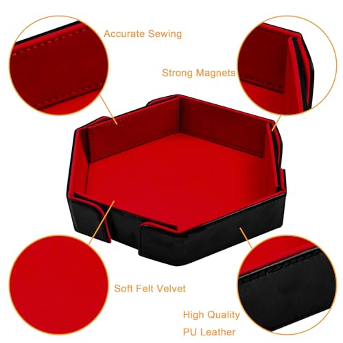 SIQUK Magnetic Folding Dice Tray Hexagon Dice Rolling Tray PU Leather Dice Trays Foldable Dice Holder Dice Rolling Mat Storage Box for D&D RPG Dice Games, Red - color: Red