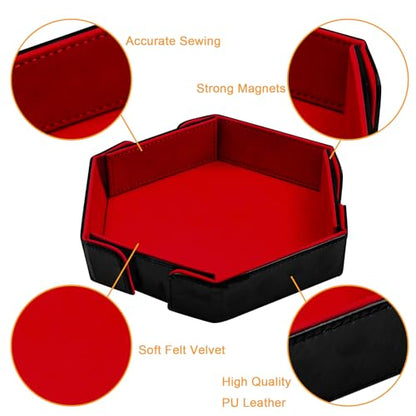 SIQUK Magnetic Folding Dice Tray Hexagon Dice Rolling Tray PU Leather Dice Trays Foldable Dice Holder Dice Rolling Mat Storage Box for D&D RPG Dice Games, Red - color: Red