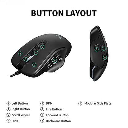 DELUX Wired MMO Gaming Mouse with 4 Interchangeable Side Plates, 12400DPI, 14 Programmable Buttons, RGB Light, 1000Hz Report Rate, Pro Ergonomic Gamer Mouse for PC Computer Laptop (M631-Black)