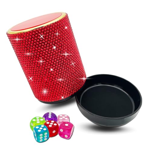 Bling Dice Cup Velvet Felt-Lined Quiet Shaker with Lid Includes 12 Dices Plastic Dice Cup Set for Bar Party Family Yahtzee Farkle Classic Dice Games (Red) - color: Red
