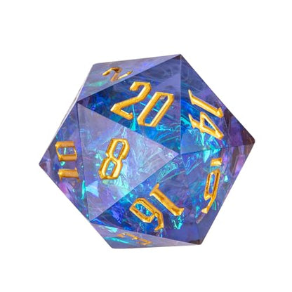 Cusdie Single D20 DND Dice with Sharp Edges and Glitter Foil Inclusions, 20 Sided D&D Dice, 33mm Handcrafted Polyhedral Dice, for Role Playing Game (Purple with White Swirl) - color: Purple With White Swirl