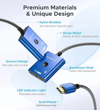 4K@60Hz HDMI Splitter Switch 2 in 1 Out, WARRKY [3.3ft Fixed Braided HDMI Cable, Aluminum Case, HDCP 2.2] Bidirectional 2x1 Switcher UHD Compatible for PS5/4, Nintendo Switch, Roku, FireStick – Blue - color: Blue