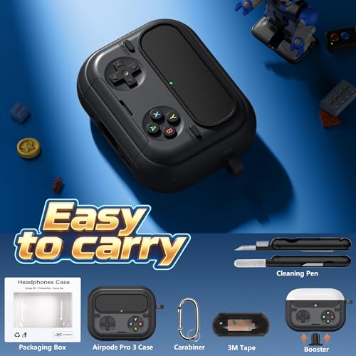 Getino Retro Game Case for AirPods Pro 3 | Game Console Design Protective Cover with Foldable Stand, Secure Lock Anti-Drop Shockproof PC+TPU Case, Keychain & Cleaning Kit for Men & Boys, Black - color: Black