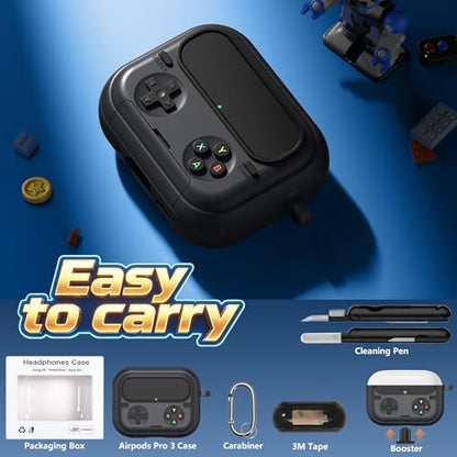 Getino Retro Game Case for AirPods Pro 3 | Game Console Design Protective Cover with Foldable Stand, Secure Lock Anti-Drop Shockproof PC+TPU Case, Keychain & Cleaning Kit for Men & Boys, Black - color: Black