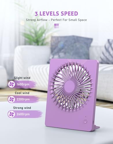 Zuvas Desk Fan Small Rechargeable Battery Table Fans for travel Ultra Quiet | 180° Tilt Folding, LED Dislay, Portable Fan Slim Design, 3 Speed Adjustable, for Office Bedroom Desktop, Cruise Essentials - color: Purple