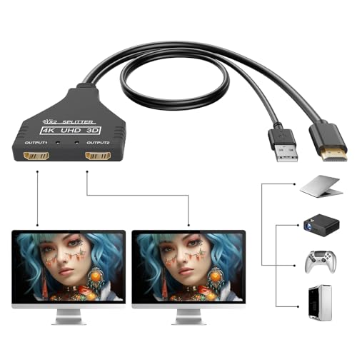 BATU HDMI Splitter 1 in 2 Out 4k 30hz HDMI Cable 2.0 Male to Dual Female with Power USB Cable for HD, LED, LCD, TV Dual Monitors Duplicated-Mirror Support 1080P 3D Full HD