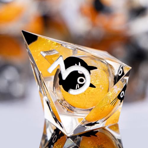 DND Cat Dice Set Green Sharp Edge Dice with Box, RPG D and D Dice Dungeons Dragons Role Playing Game Polyhedral Resin Dice Set D20 D12 D10 D8 D6 D4 - color: Orange