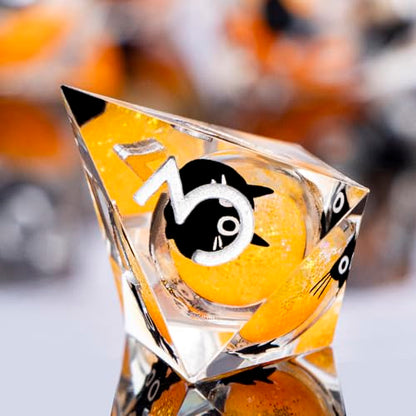 DND Cat Dice Set Green Sharp Edge Dice with Box, RPG D and D Dice Dungeons Dragons Role Playing Game Polyhedral Resin Dice Set D20 D12 D10 D8 D6 D4 - color: Orange
