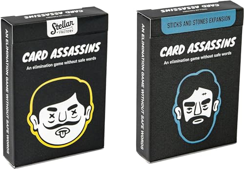 Stellar Factory Card Assassins Bundle, Base Game + Expansion, 12 Players | 200+ kill words; capacity doubles from 6 to 12; for ages 12+; 90-second rules, no setup, play anywhere. - size: Card Assassins Expansion Bundle