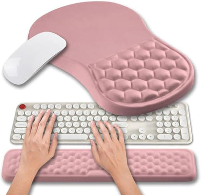 Hokafenle 2 in 1 Ergonomic Mouse Pad Wrist Support & Wrist Rest for Computer Keyboard Set, with Relieve Carpal Tunnel Pain Massage Bulge and Full Memory Gel Design (2In1 Set, Pink) - color: Hk005-pink