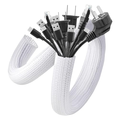 AGPTEK Cable Sleeve Cover, 2Pack 5ft - 1.8 inch Desk Cord Organizer Cable Hider, Home Office Wire Management Computer TV Wire Loom Tubing, Pet Proof Cord Protector, from Cat Dog Chewing, White - color: White, size: 1.8"-10ft