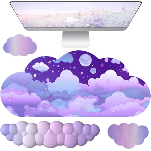 Cloud Mouse Pad Keyboard Wrist Rest for Mouse 4PCS Extended Large Stars Galaxy Space Desk Mat Pad Set Memory Foam Non-Slip Cute Ergonomic Game Mouse Wrist Support for Computer Home Office Purple Sky - color: L-purple Sky