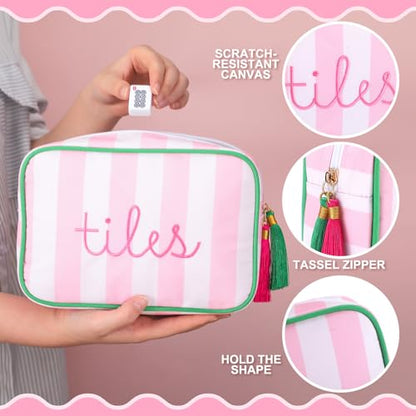 Sanwuta 1 Pcs Mahjong Tile Bag with Zipper,Pink,Striped | Embroidered Mahjong Case for 166 American Mahjong Tiles (1.2") Portable Bags for Board Game Party Gathering Travel - color: Pink, style: Classic