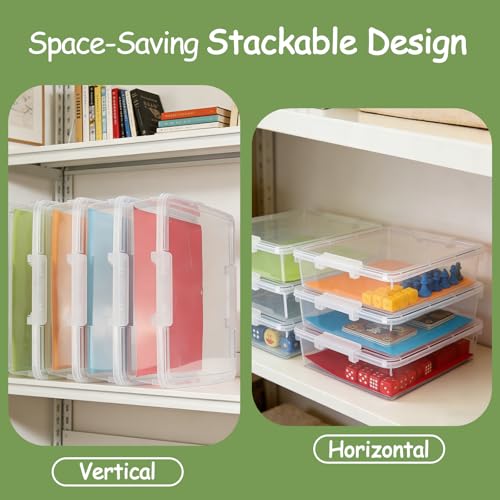 4 Pack Board Game Storage, Large Plastic Storage Bins with Latching Lid (14x13.5x3.15 in), Stackable Paper Storage Box for 12x12 Paper, Board Game, Art Supply, Puzzle, Documents