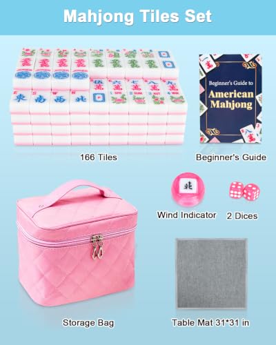 TBMAXS American Mahjong Tile Set with Mat for Beginners, Travel Sized 1.2" 166 Pink Mahjong Tiles with Dices Wind Indicator Bag for Easy to Store Mini Mah Jongg Game Sets for Adults
