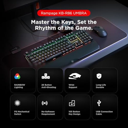 KB-R86 Umbra Mechanical Gaming Keyboard – High-Performance Switches, 26-Key Anti-Ghosting, 12 Multia Keys, Wrist Rest, Durable ABS – Compatible with PC, Laptop, Mac (Blue Switch) - color: Blue Switch, size: 26 Keys