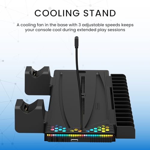 Surge Multi-Function Charging Stand for PlayStation 5, PS5 Slim, Digital and Disc Version with Cooling Fans, 2 Charge Docks for DualSense & DualSense Edge Controllers, Headset Hook, Game Storage