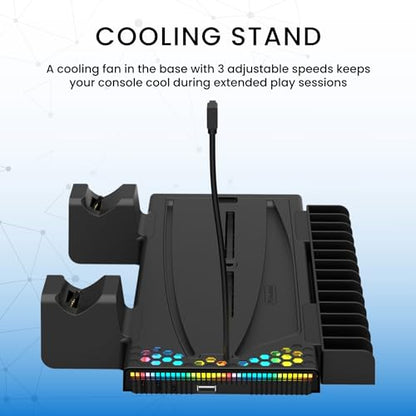 Surge Multi-Function Charging Stand for PlayStation 5, PS5 Slim, Digital and Disc Version with Cooling Fans, 2 Charge Docks for DualSense & DualSense Edge Controllers, Headset Hook, Game Storage