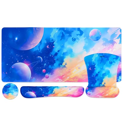MEGREZ 4-in-1 Mouse Pad with Wrist Rest Ergonomic Memory Foam Desk Mat Set | ergonomic, anti-slip base, 4pcs set, desk pad, mouse wrist rest, keyboard rest, coaster, ideal for office & gaming - color: Colorful Interstellar