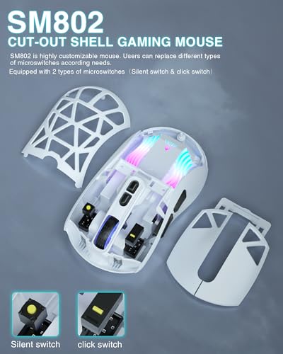 SOLAKAKA SM802 White Wireless Gaming Mouse,10000 DPI,Tri-Mode Wired/BT 5.0/2.4GHz Wireless Mouse Gaming with Side Button,RGB Programmable Macro Mouse for Laptop - color: 1-white, size: SM802