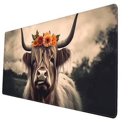 Desk Mat,Highland Cow Gaming Mouse Pad,XXL Extended Mouse Pad Mat for Office,Computer,Keyboard with Non-Slip Base Stitched Eges Mousepad 35''×15.7''×0.12'' - color: Highland Cow