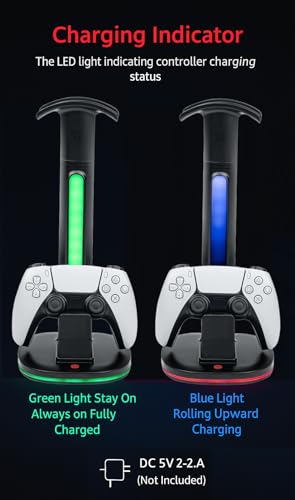Controller Charger with 7 RGB Lighting Modes – Docking Charging Station with Fast Dual Ports & Headphone Stand (Compatible with PS5).