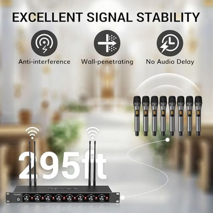 TONOR Wireless Microphones System with 8x12 Channels Cordless Handheld Microfono Inalambrico, 90 m/295FT UHF Range, Mics with Stable Signal, Quick Mute for Karaoke Singing Party Church Wedding - style: 8 Handheld Mics