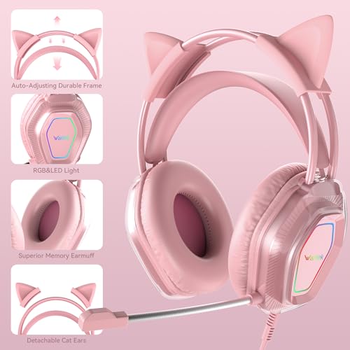 Wantek Cute Cat-Ear Gaming Headset - 50mm Drivers, Noise-Cancelling Mic, 3.5mm Wired Stylish & Lightweight Design (Pink) - color: Pink