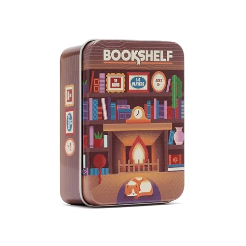 Alley Cat Games Bookshelf, Ages 8+, 2-4 Players | Cooperative Stacking Game, Skill & Balance Card and Book Tower Game in Travel Tin, Cooperative Tabletop Challenge