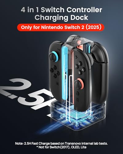 TRANSNOVO Charging Dock for Nintendo Switch 2 JoyCon, 4-Slot Dual-Side Magnetic Joy-Cons Charger, Patented 8-Slot Game Card Storage, 9-RGB Mode, Circuit Protection, Multiplayer Switch 2 Accessories - size: Square