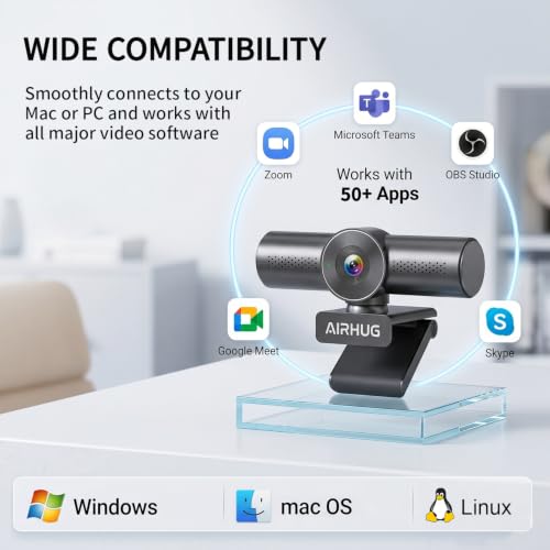 AIRHUG 2K 60fps Streaming Webcam with Dual Mics & Privacy Cover | Sony 8MP Sensor, PDAF Autofocus, 60° Focused View, Plug & Play for Online Meetings
