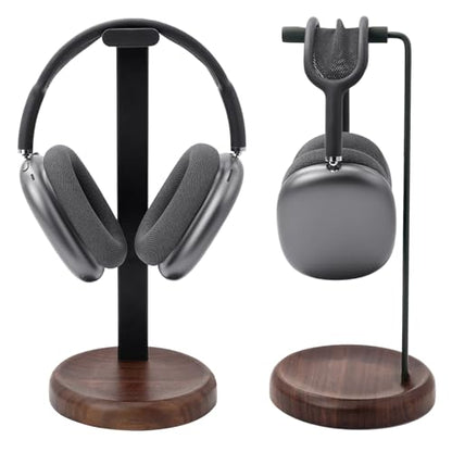 GEVO Headphone Stand for Desk - Walnut Wood & Aluminum Headset Stand, Universal Wooden Gaming Headphone Holder for AirPod Max, Bose, Sony, Razer, Jabra, JBL (Walnut Circular Base)