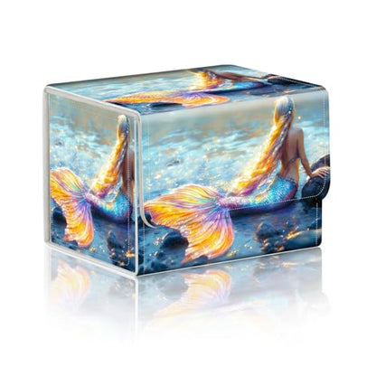 Trading Card Storage Box, Holds 100+ for MTG Cards, PU Leather with Magnetic Closure, Rainbow Mermaid Ocean Print Durable Deck Box for Magic the Gathering, Trading Card Games - color: Rainbow Mermaid Ocean Print