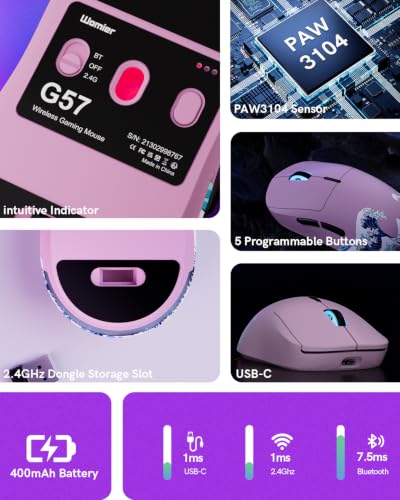 G57 Wireless Gaming Mouse, 8000 DPI, 80g, 2.4G/Bluetooth/USB-C Rechargeable Wireless Mouse with 5 Programmable Buttons for PC/Mac, Pink - color: Pink