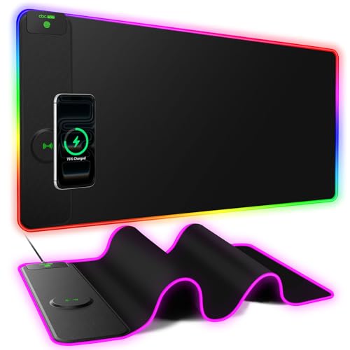 RGB Gaming Mouse Pad with 15W Magnetic Wireless Charging, 31.5'' x 15.8'' | 24 Lighting Effects Desk Mat LED Mousepad with Non-Slip Rubber Base, Light up Your Desk, Waterproof Ultra-Smooth Surface - color: RGB-31.5"x15.8"