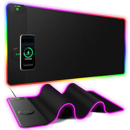 RGB Gaming Mouse Pad with 15W Magnetic Wireless Charging, 31.5'' x 15.8'' | 24 Lighting Effects Desk Mat LED Mousepad with Non-Slip Rubber Base, Light up Your Desk, Waterproof Ultra-Smooth Surface - color: RGB-31.5"x15.8"