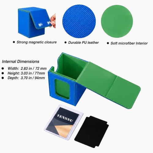 Venssu MTG Deck Box for Commander Display,Card Deck Box Fits 100 Double Sleeved Cards,TCG with 2 Dividers and 1 Toploader (Blue＆Green) - color: Blue＆Green