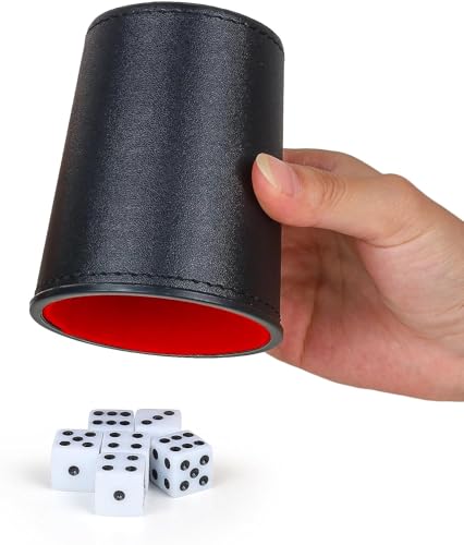 Leather Dice Cup, Quite Felt-Lined Interior, 6 Shaker Cups and 30 Dot Dices, one Carry Bag (Black and Red) - color: Black and Red