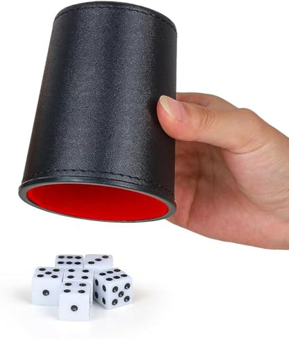 Leather Dice Cup, Quite Felt-Lined Interior, 6 Shaker Cups and 30 Dot Dices, one Carry Bag (Black and Red) - color: Black and Red