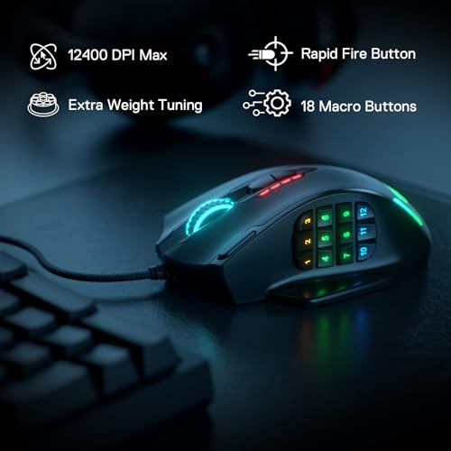 Redragon M908 Wired MMO RGB Gaming Mouse 12400 DPI Remapping Keys | Stable Lag-Free Connection, Redefine Keybinding Macro, Vibing Backlight, Ergonomic Grip Body Comfort - color: Black, style: Wired M908