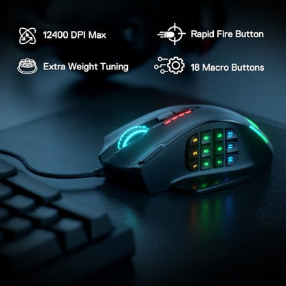 Redragon M908 Wired MMO RGB Gaming Mouse 12400 DPI Remapping Keys | Stable Lag-Free Connection, Redefine Keybinding Macro, Vibing Backlight, Ergonomic Grip Body Comfort - color: Black, style: Wired M908