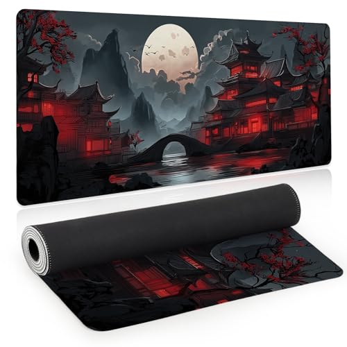 Gaming Mouse Pad, Large Desk Mat, Japanese XL Extended Big Mousepad with Non-Slip Rubber Base Stitched Edges, Laptop Computer Keyboard Mat, Office&Home, 31.5x11.8in - color: Red Moon