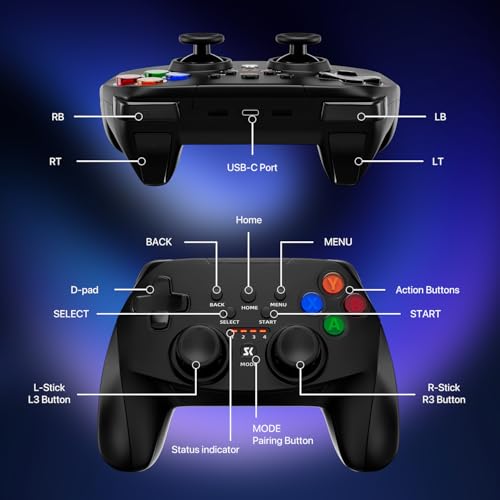 ISHAKO Mobile Game Controller with Stand for PC Windows/Android/iPhone, 360° joystick with 2.4G receiver, phone holder, USB-C charging prot, Mobile Game Controller - Black