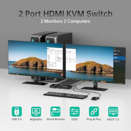 MT-VIKI HDMI KVM Switch 2 Monitors 2 Computers 4K@60Hz, USB3.0 HDMI KVM Switch Dual Monitor with 4 USB 3.0 Ports Sharing Keyboard/Mouse/Printer - style: 2 IN 2 OUT 4K@60