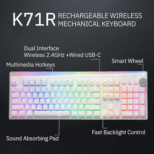 iRocks K71R Wireless RGB Mechanical Gaming Keyboard, Switches Brown,PBT 107 Keys NKRO,RGB Backlit, Pro Gaming Keyboard, Dual Wireless/Wired, Windows, Laptop PC Mac,White (Blue Switch) - color: Blue Switches